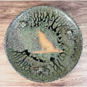 Rustic Pottery Howling Wolf Wall Plaque Green Glaze Lodge Cabin Decor RK Signed